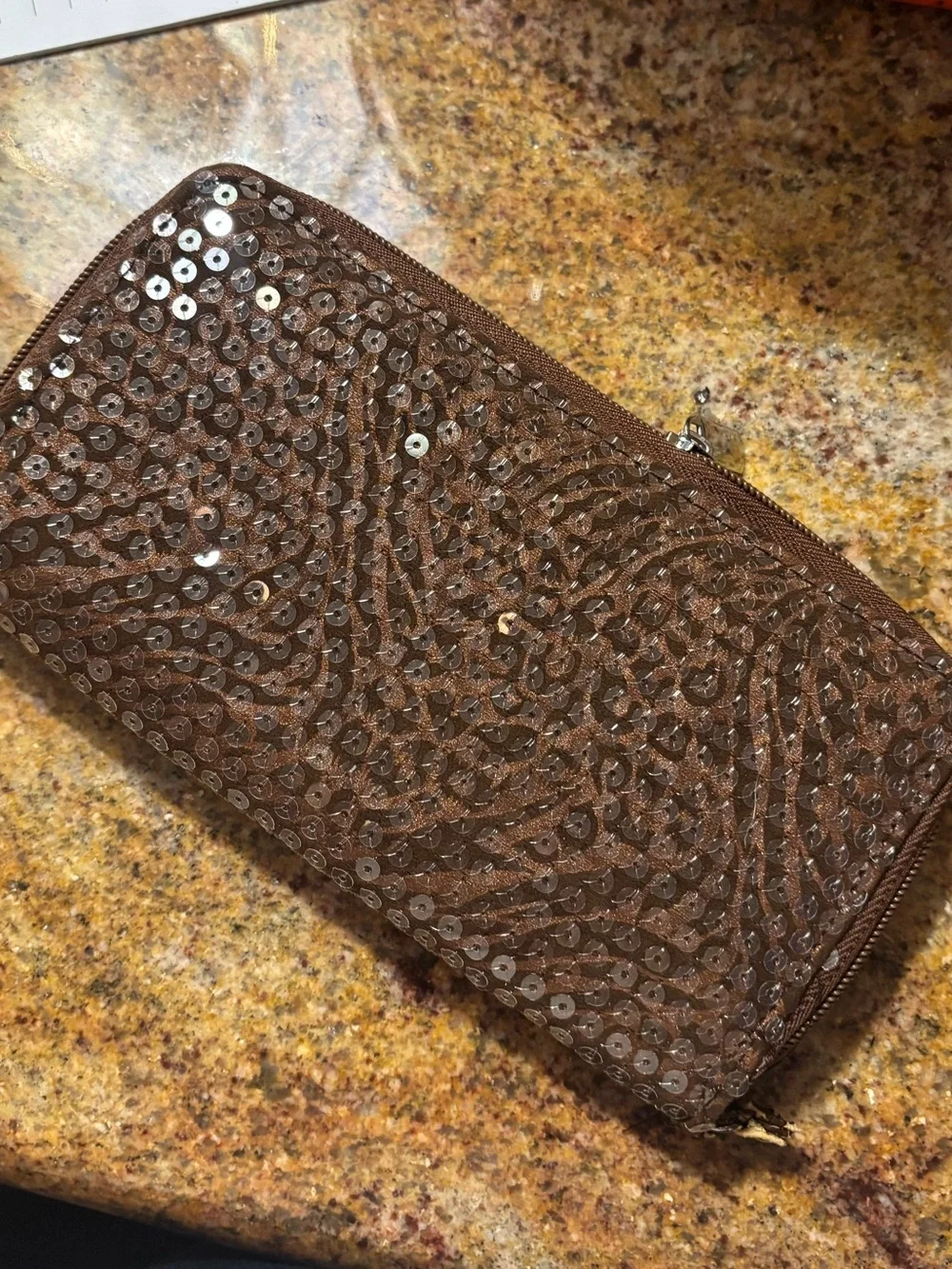 Sequin-Embellished Brown Zip Wallet